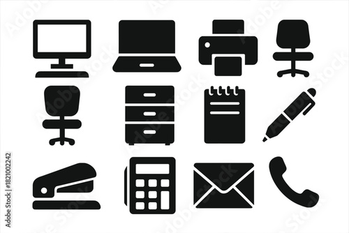 Office Equipment Icons. Solid style icons of Office work: desktop computer, laptop, printer, office chair, filing cabinet, notepad