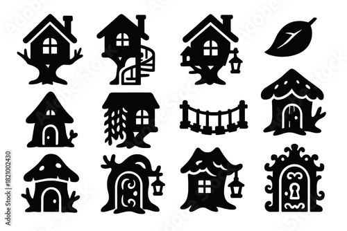 Whimsical Treehouse Icons. Solid style icons of Whimsical and fantasy treehouses: glowing window, spiral staircase, hanging
