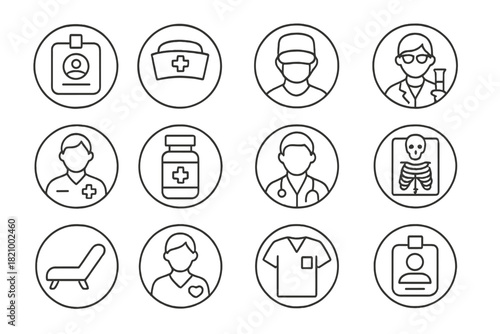 Healthcare Professionals Icons. Line style round icons of healthcare professionals: doctor badge, nurse cap, surgeon icon, lab
