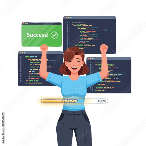 Illustration of a triumphant young woman with brown hair celebrating coding success with multiple screens displaying code behind her.