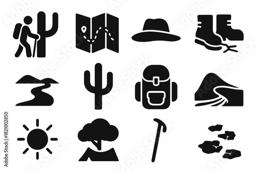 Desert Exploration Icons. Solid style icons of Desert Exploration: hiker near cactus, trail map, wide-brim hat, dry boots, desert