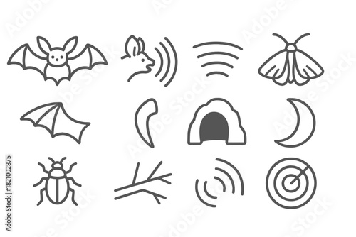 Bat Biology Icons. Line style icons of Bat Biology: Bat, Echolocation, Sound Wave, Prey Detection; Wings, Fang, Cave, Moon; Insect