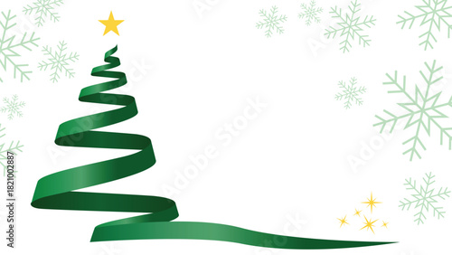 Festive holiday cheer with a green ribbon Christmas tree and delicate snowflakes, perfect for modern Christmas cards and seasonal promotions