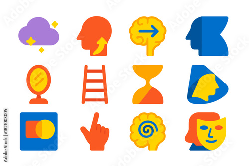 Cognitive Illusions Icons. Flat vector icons of cognitive illusions: false memory cloud, expectation bias, brain shortcut arrow,
