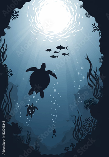 Deep ocean exploration with majestic sea turtles and diverse fish swimming among vibrant corals, bathed in mystical sunlit depths as a diver discovers the serene underwater world