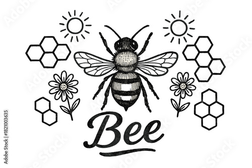 Black and white drawing of a bee with flowers in the background