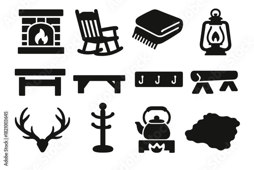 Cabin Interior Icons. Solid style icons of Cabin interior details: fireplace, rocking chair, wool blanket, lantern, cabin table,