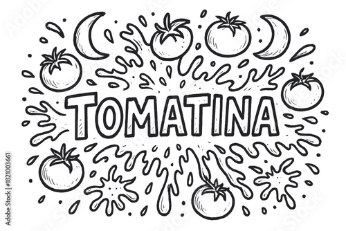 Black and white drawing of tomatoes with the word TOMATINA written in white