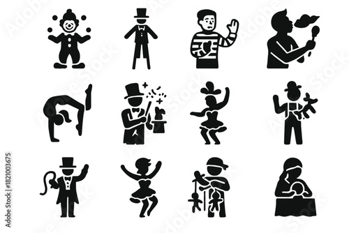 Carnival Performer Icons. Solid style icons of Carnival Performers: clown juggling, stilt walker, mime, acrobat, magician, fire