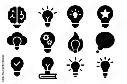 Idea Icons Collection. Solid style icons of Ideas: bulb with brain, spark bulb, light rays icon, bulb with star, idea cloud, bulb