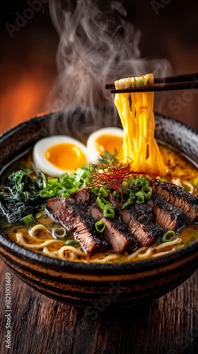 Hot fragrant ramen with soft-boiled egg, tender pork slices and greens rises in steam invitingly.
