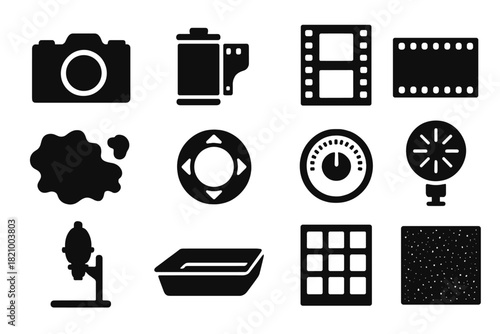 Film Photography Icons. Solid style icons of film and analog photography: film camera, film canister, photo negative, film strip,