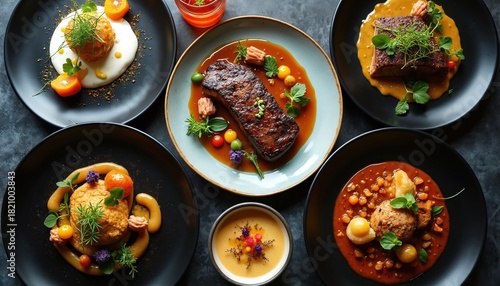 Fine dining plating art. Gourmet dishes feature meat, poultry, soup. Chefs meticulously arrange food with sauces, herbs, garnishes. Elegant presentation for special occasions, restaurant menus.