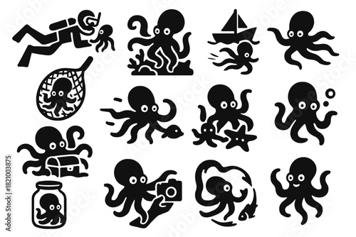 Octopus Adventures. Solid style icons of Octopus Interaction: diver with octopus, octopus on reef, octopus near boat, octopus in