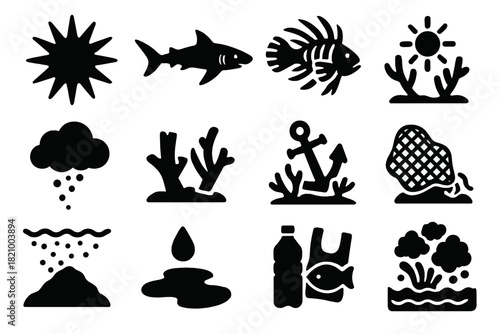 Reef Threat Icons. Solid style icons of Reef predators and threats: crown-of-thorns starfish, reef shark, invasive lionfish, coral