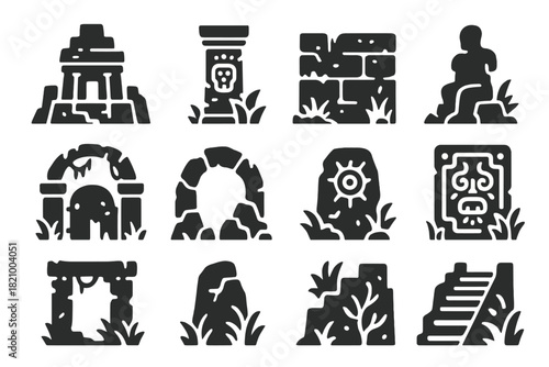 Ancient Jungle Ruins Icons. Solid style icons of Ancient Jungle Ruins: crumbling temple, carved pillar, moss-covered wall, broken