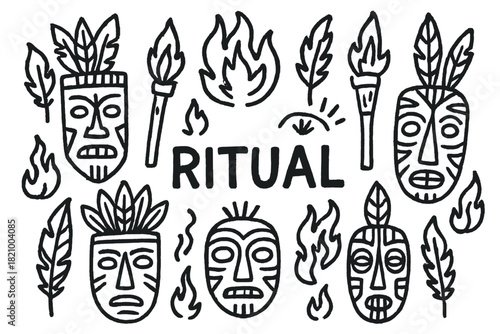 Black and white drawing of various faces and a word that says Ritual