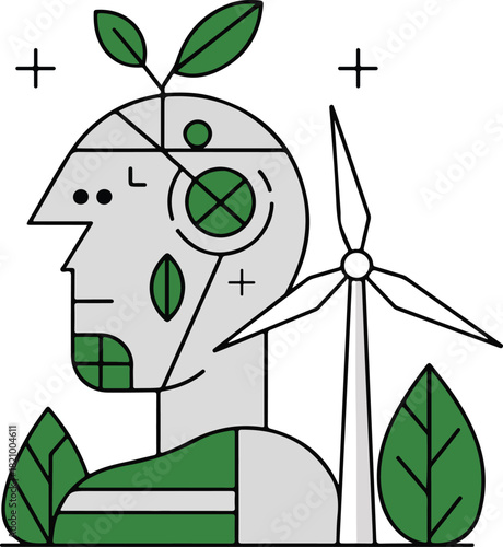 Abstract futuristic green energy human head.