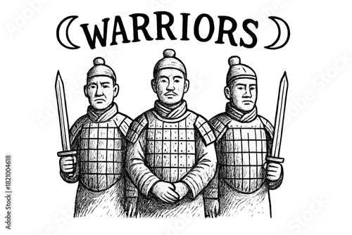 Three warriors holding swords and shields