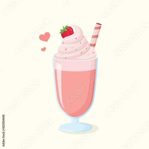 Berry milkshake with whipped cream, colourful sprinkles topping, a wafer roll and a strawberry. Dessert drink in a glass vector illustration.