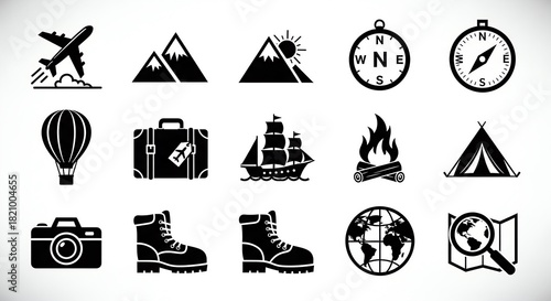 Travel Icons Set Adventure, Exploration, and Vacation Symbols
