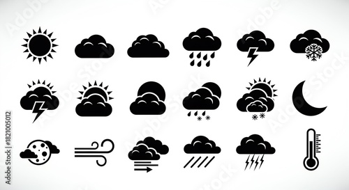 Weather Icons Set Forecast Symbols, Sun, Clouds, Rain, Snow, Thunder