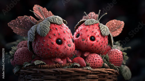 Two strawberry characters sitting in wicker basket offer a whimsical scene. Strawberry characters boast cute, expressive eyes and vibrant red surfaces dotted with seeds,