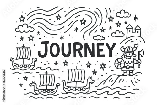 Black and white drawing of Viking ships and a man with an axe