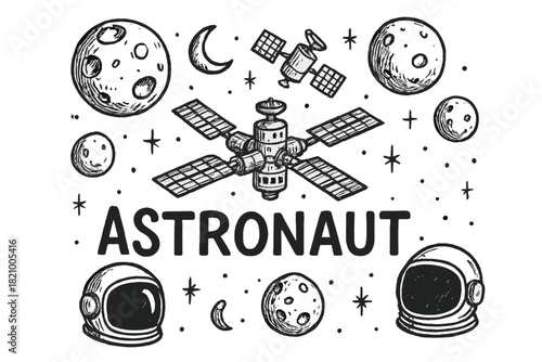 Drawing of a space scene with a black and white font that says Astronaut