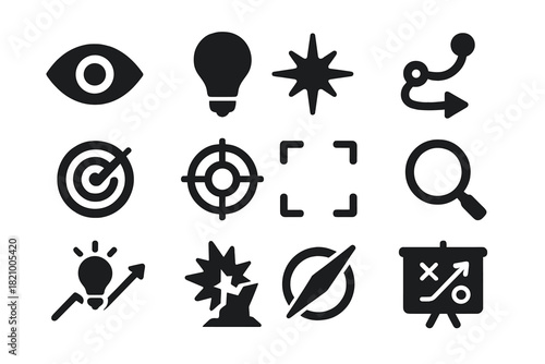 Discovery Icons Design. Solid style icons of discovery actions: eye icon, lightbulb discovery, spark of idea, explore path, radar