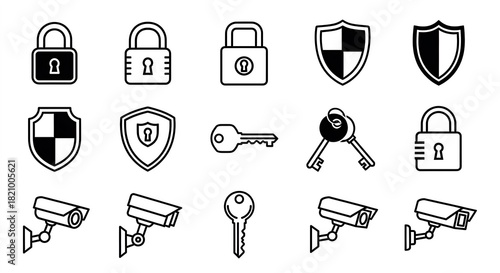 Security Icons Padlock, Shield, CCTV, Key - Safety Vector Set