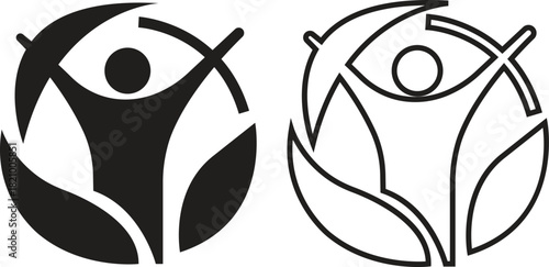 Eco friendly sustainability icon set flat and outline styles. Organic leaf and person abstract symbols. Ideal for nature protection concepts, green energy themes, environmental collection and ecology.