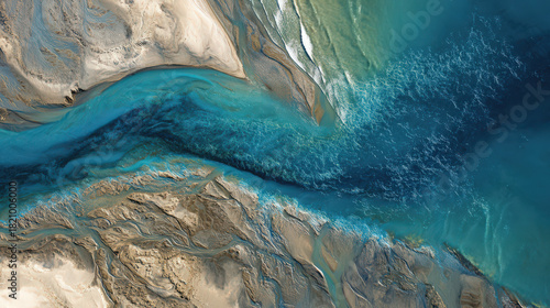 aerial view of muddy river estuary with swirling brown and blue water