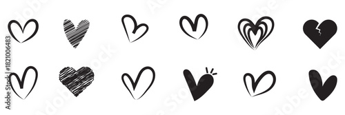 Hand drawn heart icons set, love and romance doodles vector design on transparent background. Black Color Set Icon. EPS 10.
