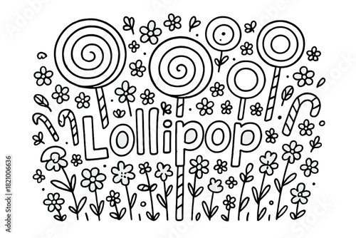 Drawing of flowers and candy with the word Lollipop written in the middle