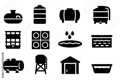 Water Storage Icons. Solid style icons of Water Storage: underground cistern, vertical tank, horizontal tank, collapsible tank,