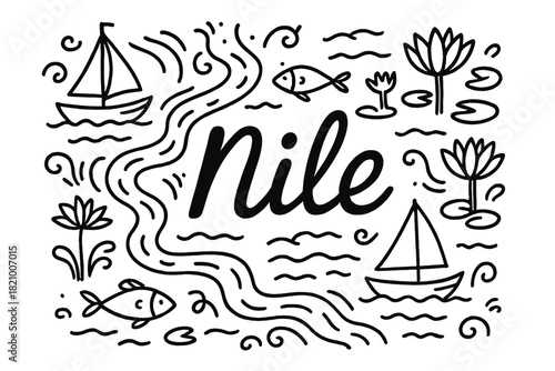 Drawing of a river with boats and fish and the word Nile written in cursive