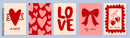 Set of romantic cards featuring a heart character with wings, a bow, and heart-shaped cherries. In a playful hand-drawn style, for Valentine's Day declarations of love. Vector illustration.