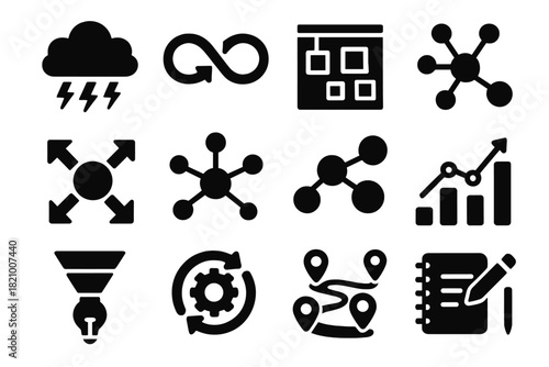 Design Process Icons. Solid style icons of design process: brainstorming cloud, design thinking loop, sticky notes board, concept