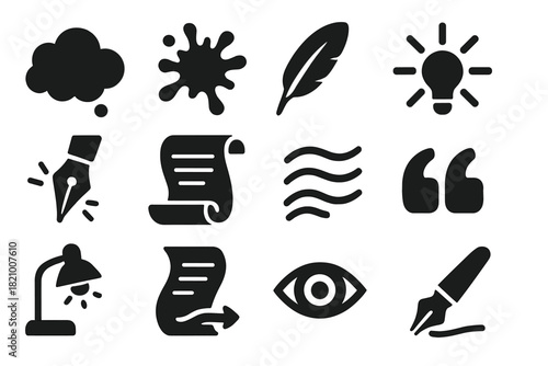 Creative Icon Set. Solid style icons of Creative inspiration and ideas: thought cloud, ink splash, muse feather, spark light, idea