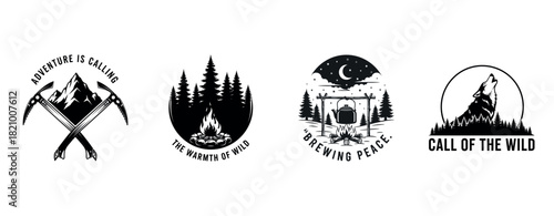 Adventure emblems: mountain, campfire, kettle, howling wolf in nature