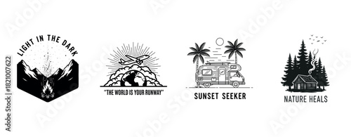 Outdoor-themed logos featuring camping, aviation, travel, and nature healing elements