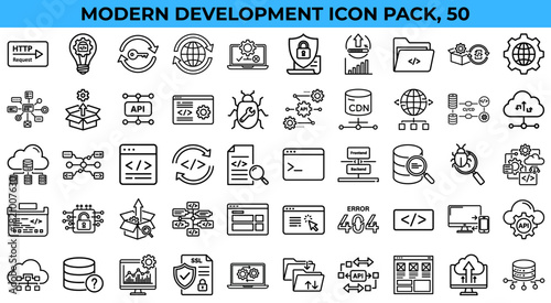 Modern development icons pack featuring 50 various symbols, suitable for UI/UX design, websites, applications and presentations