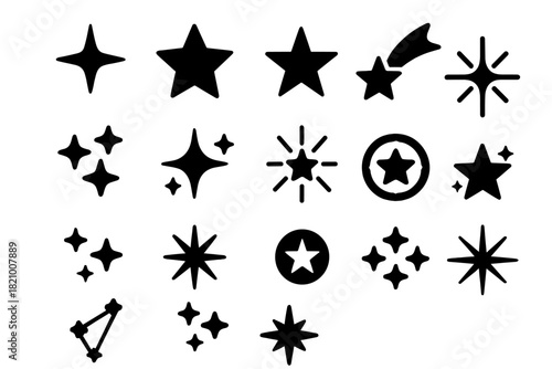 Starry Icon Collection. Solid style icons of Stars: shining star, five-pointed star, falling star, star cluster, twinkling star,