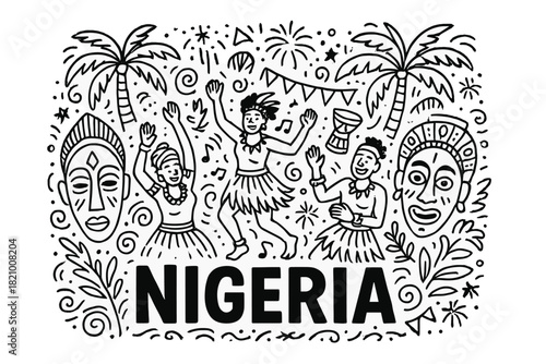 Drawing of people dancing with a banner that says Nigeria