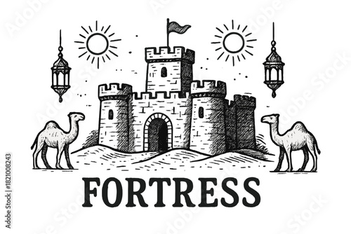 Castle with two camels and a sun in the background