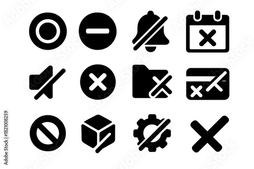 Canceled Icons Collection. Solid style icons of Canceled symbols: stop circle, no entry sign, crossed bell, canceled event, muted