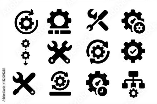 Configuration Icons Set. Solid style icons of configuration processes: cog with arrow, setup progress, system tuning, optimization