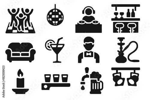 Nightlife Icon Set. Solid style icons of Nightlife bar: dance floor, disco ball, DJ booth, bar counter, lounge sofa, neon cocktail