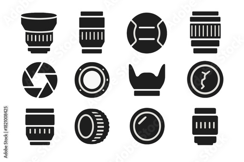 Camera Lens Icons. Solid style icons of Camera Lenses: wide lens, telephoto lens, lens cap, zoom ring, aperture blades, lens mount